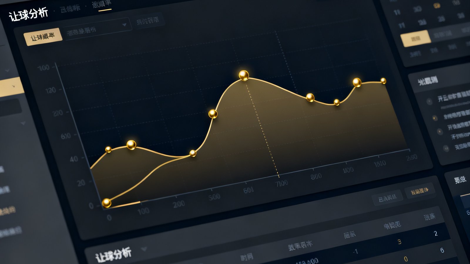 开云体育智能预测模块的让球分析界面，展示数据曲线和概率分布图，界面以深色主题搭配金色数据标记点